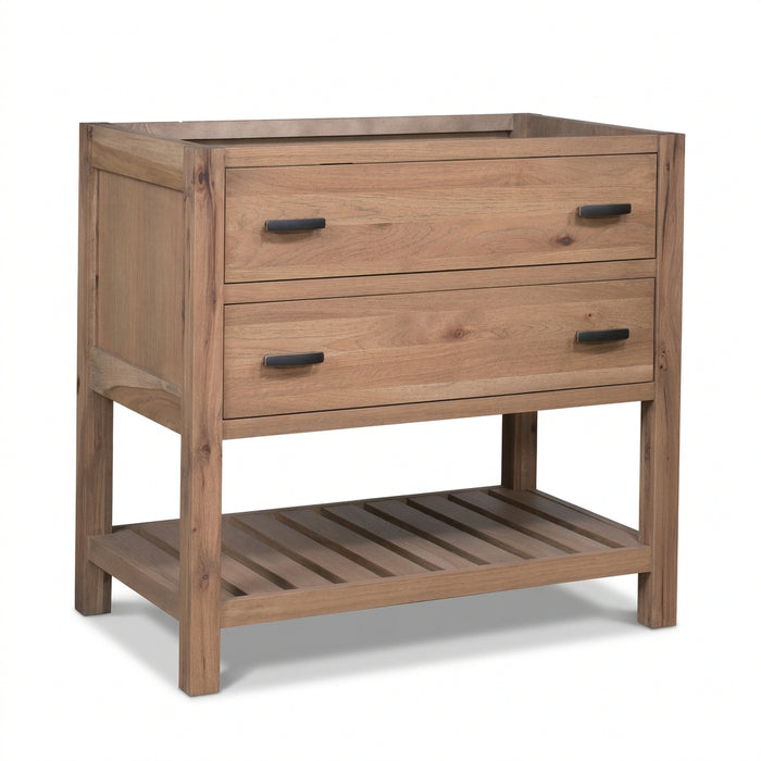 A rustic two-drawer wooden cabinet with a slatted lower shelf, featuring dark metal drawer pulls, shown against a plain white background.
