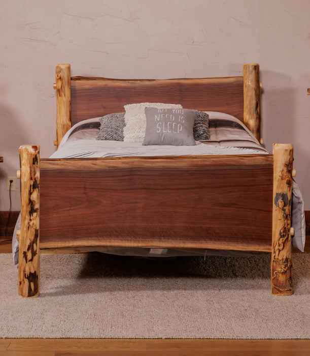 Amish Pike's Peak Walnut Live Edge Bed Log Posts - Live Edge Walnut - Colorado Aspen - Bed Only