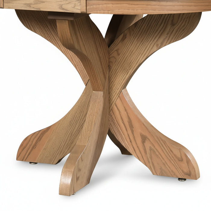 Amish Plymouth Round Single Pedestal Table - Solid Oak Round Amish Table - Shown in Oak with Bel Air Stain - 42" Round With 1-12" Leaf - Base Close-Up