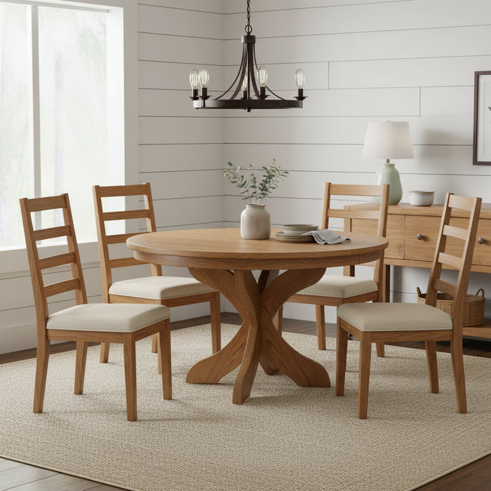 Amish Plymouth Round Single Pedestal Table - Solid Oak Round Amish Table - Shown in Oak with Bel Air Stain - 42" Round With 1-12" Leaf - In-Room Photo
