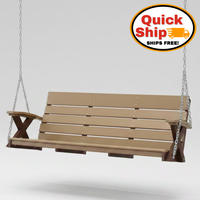 Amish Poly Galaxy X Swing Weatherwood Tan on Brown Swing Hershey Way Modern Porch Swing Polywood