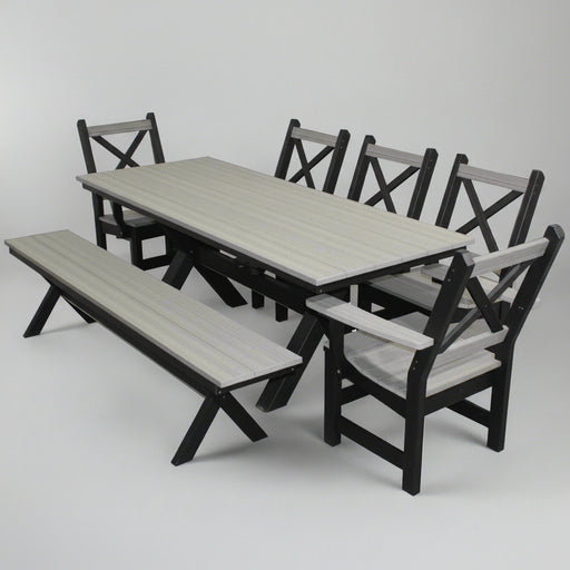 Amish Poly X Base Farmhouse Dining Set with X Back Chairs and Bench