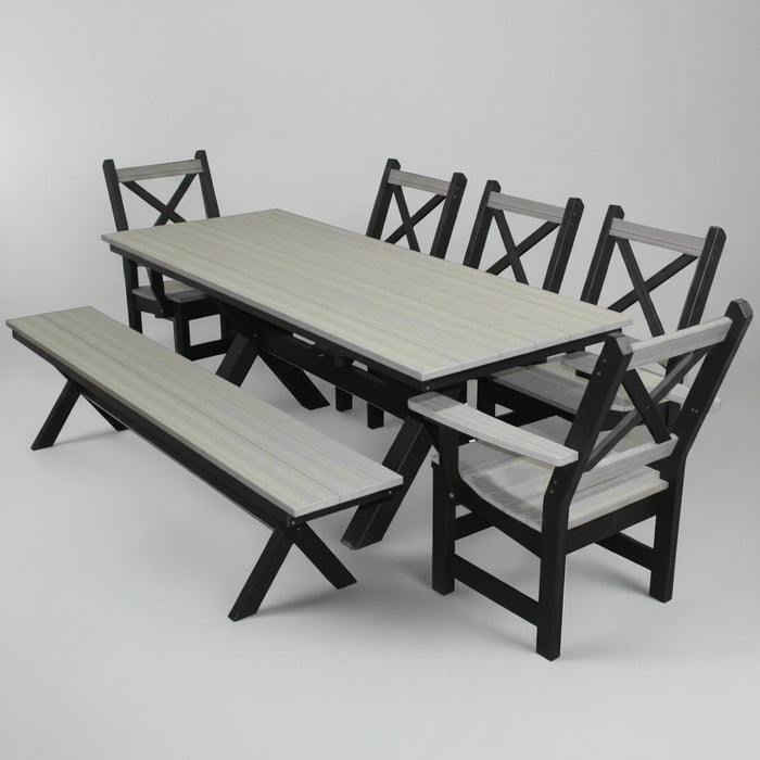 Amish Poly X Base Farmhouse Dining Set with X Back Chairs and Bench