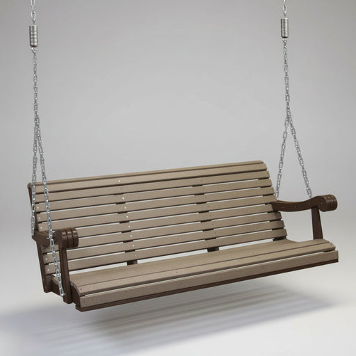 Amish Quick Ship 5' Poly Grandpa Swing - In-Stock - Tangent Poly - Hershy Way - Amish Made Polywood Swing - Weatherwood on Brown
