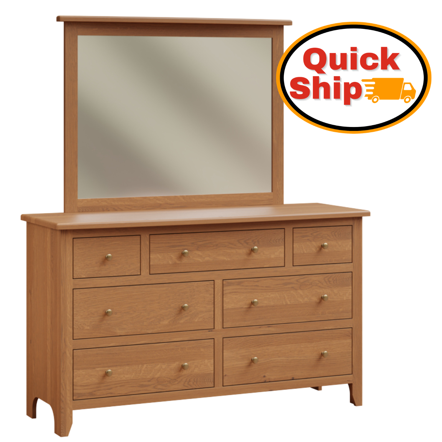 Amish Quick Ship Classic Shaker  - 7-Drawer Dresser & Mirror - Shaker Style Bedroom - Solid Oak Amish Bedroom - J&M Woodworking - Antique Barrel Stain