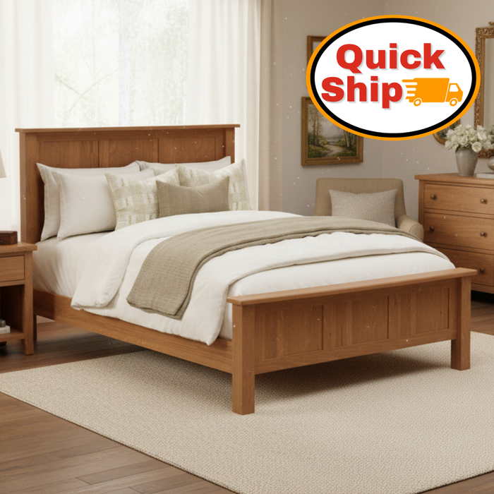 Amish Quick Ship Classic Shaker  - Shaker Style Bed - Solid Oak Amish Bedroom - J&M Woodworking - In room Photo Setting