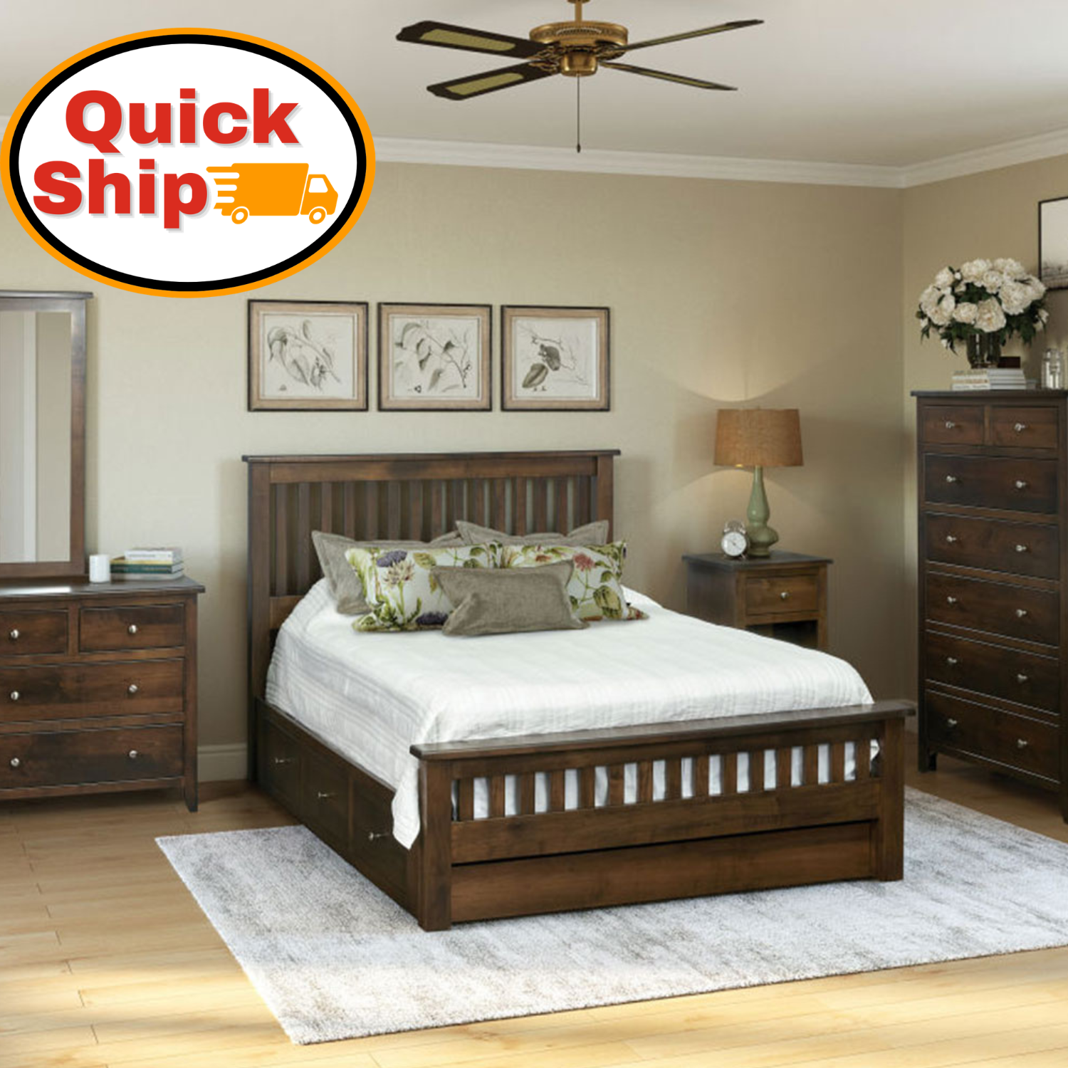 Amish Quick Ship Classic Shaker Slat Storage Platform Bed - Underbed Storage Drawers - Solid Brown Maple - OCS-122 Cocoa - Amish Made Storage Platform Bed - J&M Woodworking