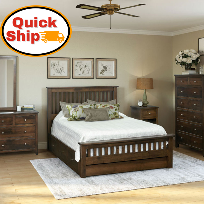 Amish Quick Ship Classic Shaker Slat Storage Platform Bed - Underbed Storage Drawers - Solid Brown Maple - OCS-122 Cocoa - Amish Made Storage Platform Bed - J&M Woodworking