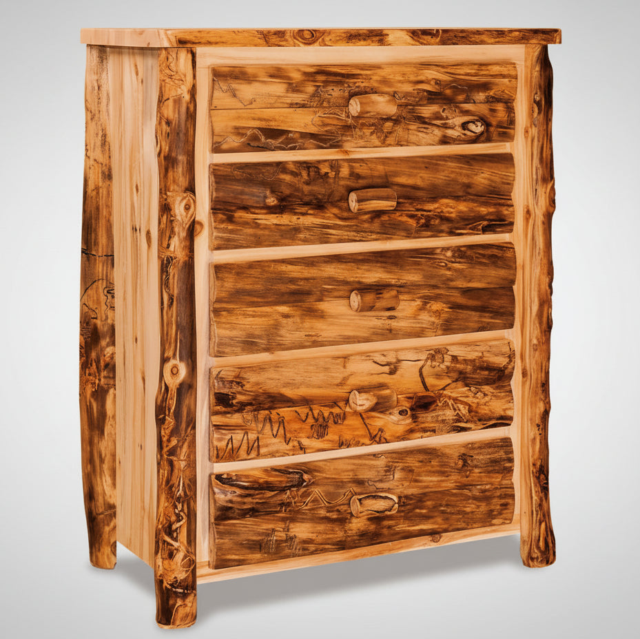 Amish Quick Ship Elkhorn Aspen Log 5 Drawer Chest of Drawers Fireside Log Furniture