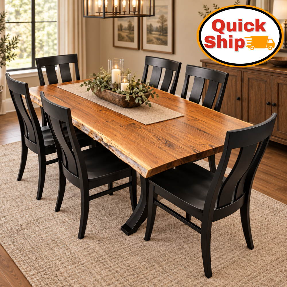 Amish Quick Ship Golden Gate Live Edge Walnut Dining Set - 42" x 84" Live Edge Table - 6 Black Amish Dining Chairs - Metal Base - Modern Live Edge Dining Set