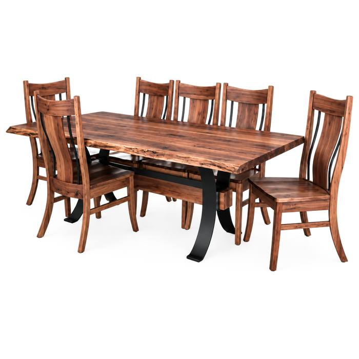 Amish Quick Ship Live Edge Langston Dining Set - Powder Coated Metal Base - Live Edge Rustic Walnut Table - Walnut Chairs With Wrought Iron- Amish Eagle Chairs - Blank Background Photo