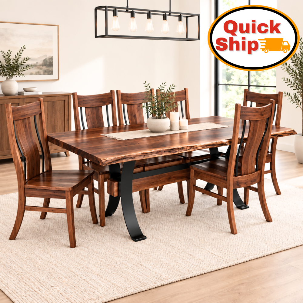 Amish Quick Ship Live Edge Langston Dining Set - Powder Coated Metal Base - Live Edge Rustic Walnut Table - Walnut Chairs With Wrought Iron- Amish Eagle Chairs - In Room Photo