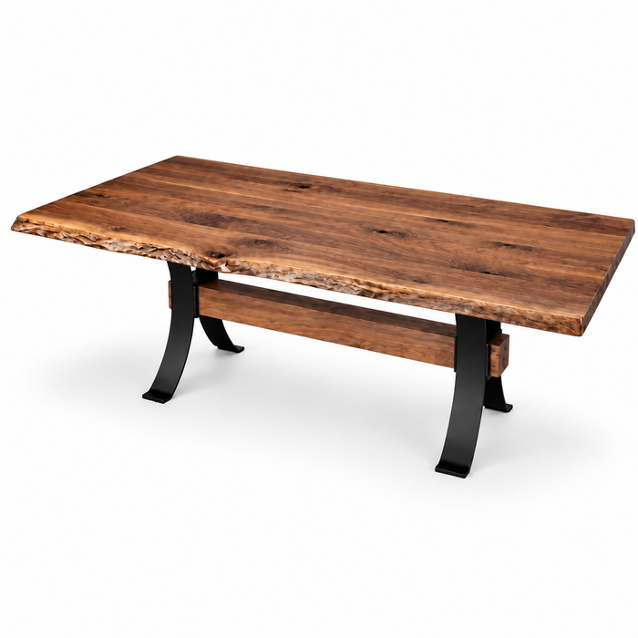 Amish Quick Ship Live Edge Langston Dining Set - Powder Coated Metal Base - Live Edge Rustic Walnut Table