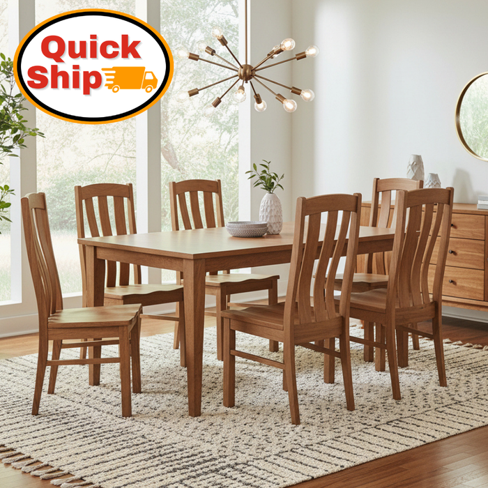 Amish Quick Ship Raleigh Dining Set - Quick Ship Amish Dining Set - Amish Shaker Leg Table - Brown Maple - OCs-133 Tundra - 42" x 60" w/ 2-12" Leaves - 6 Side Raleigh Dining Chairs -In-Room Scene