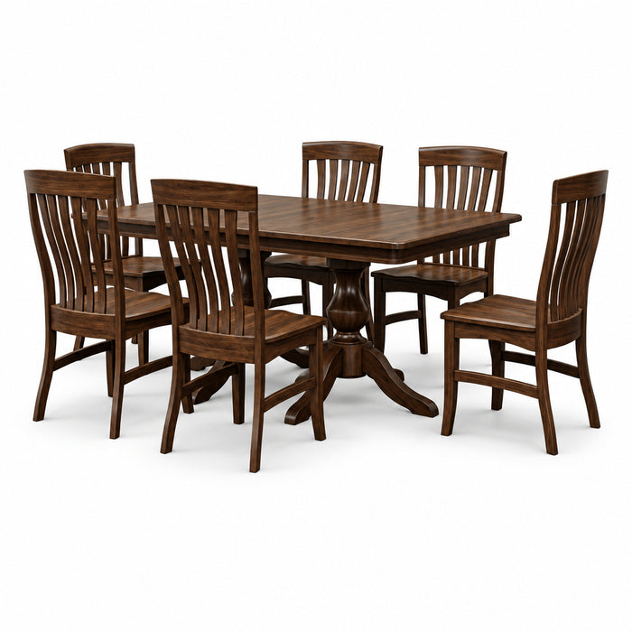 Amish Quick Ship Richland Dining Set - Quick Ship Amish Dining Set - Amish Denver Double Pedestal Table - Brown Maple - OCS-119 Cappuccino - 42" x 66" w/ 2-12" Leaves - 6 Side Richland Chairs - Wengerd Wood Products -Blank Background