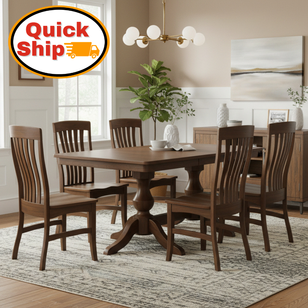 Amish Quick Ship Richland Dining Set - Quick Ship Amish Dining Set - Amish Denver Double Pedestal Table - Brown Maple - OCS-119 Cappuccino - 42" x 66" w/ 2-12" Leaves - 6 Side Richland Chairs - Wengerd Wood Products - In-Room Scene