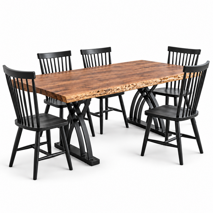 Amish Quick Ship Silverton Live Edge Walnut Dining Set - Millcreek Farmhouse Dining Chairs - Solid Brown Maple Dining Chairs - Solid Walnut Live Edge Table - Blank Background Photo