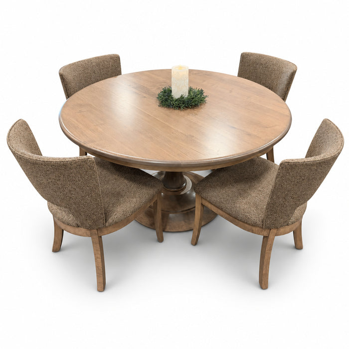 Amish Quick Ship Sunberry Round Fabric Dining Set - 54" Round Modern Dining Table With Fabric Chairs - Solid Brown Maple - Y&M Chair - No Background