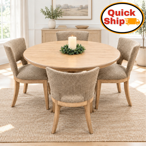 Amish Quick Ship Sunberry Round Fabric Dining Set - 54" Round Modern Dining Table With Fabric Chairs - Solid Brown Maple - Y&M Chair - In Room Photo
