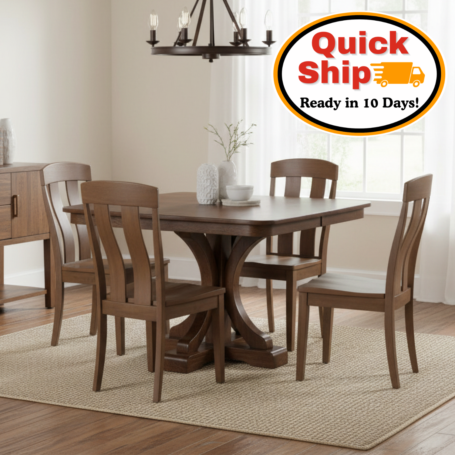 Amish Quick Ship Venus Single Pedestal Dining Set - Ready in 10 Days! - Quick Ship Amish Dining Set - Oak, Brown Maple, Rustic Hickory 