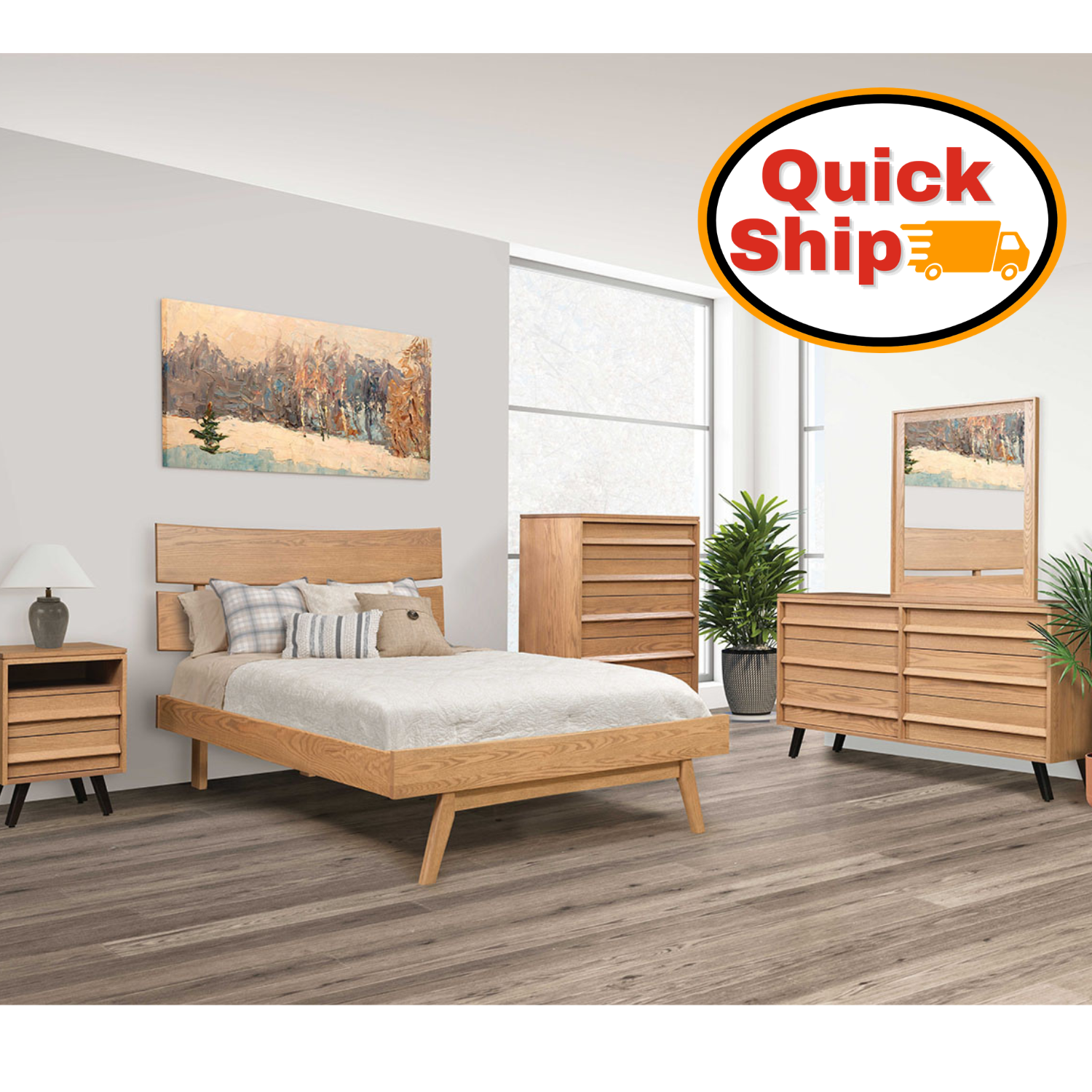 Amish Quick Ship Wyndham Hills Mid-Century Modern 5-pc. Bedroom Set - J&M Woodworking - Amish Quick Ship Bedroom - Amish Mid-Century Bedroom - Solid Oak Bedroom - Oak OCS-133 Tundra