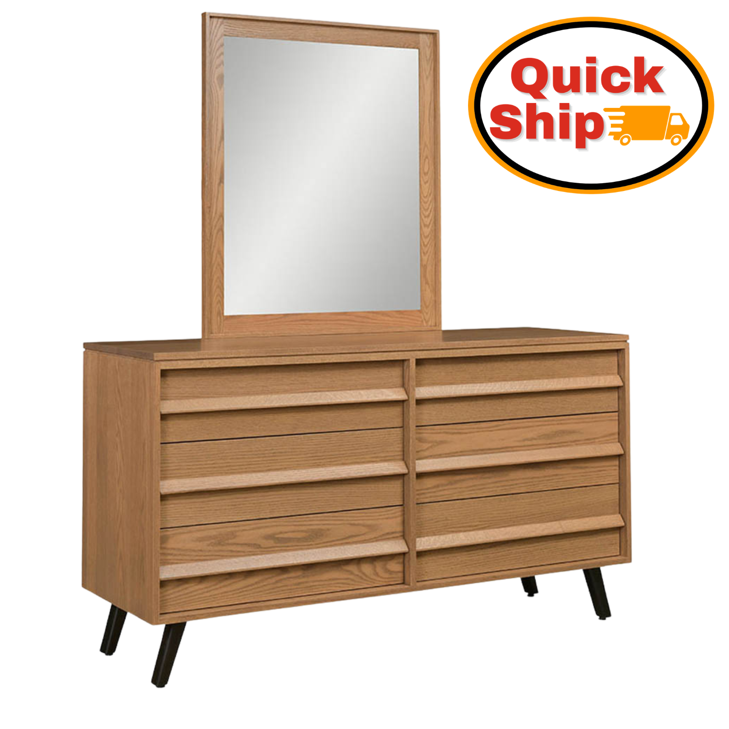 Amish Quick Ship Wyndham Hills Mid-Century Modern 6-Drawer Dresser & Mirror - J&M Woodworking - Amish Quick Ship Bedroom - Amish Mid-Century Bedroom - Solid Oak Bedroom - Oak OCS-133 Tundra