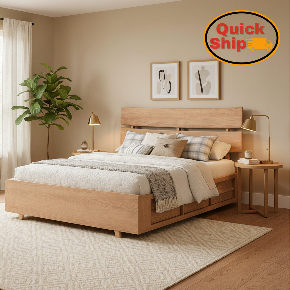 Amish Quick Ship Wyndham Hills Mid-Century Modern Storage Bed - J&M Woodworking - Amish Quick Ship Bedroom - Amish Mid-Century Bedroom - Solid Oak Bedroom - Oak OCS-133 Tundra - In-Room 
