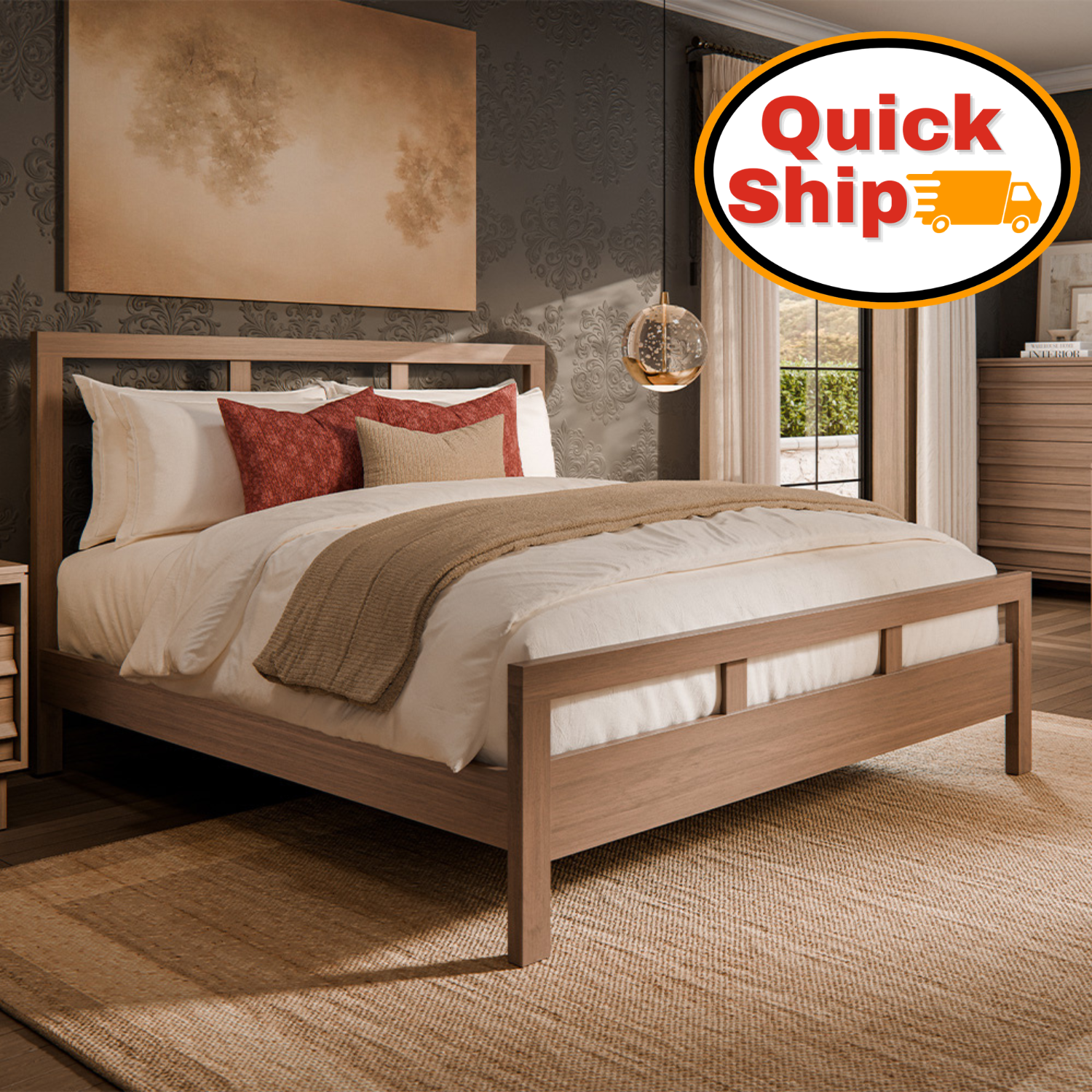Amish Quick Ship Wyndham Hills Panel Bed- Brown Maple Driftwood Stain - J&M Woodworking - Mid-Century Amish Bed