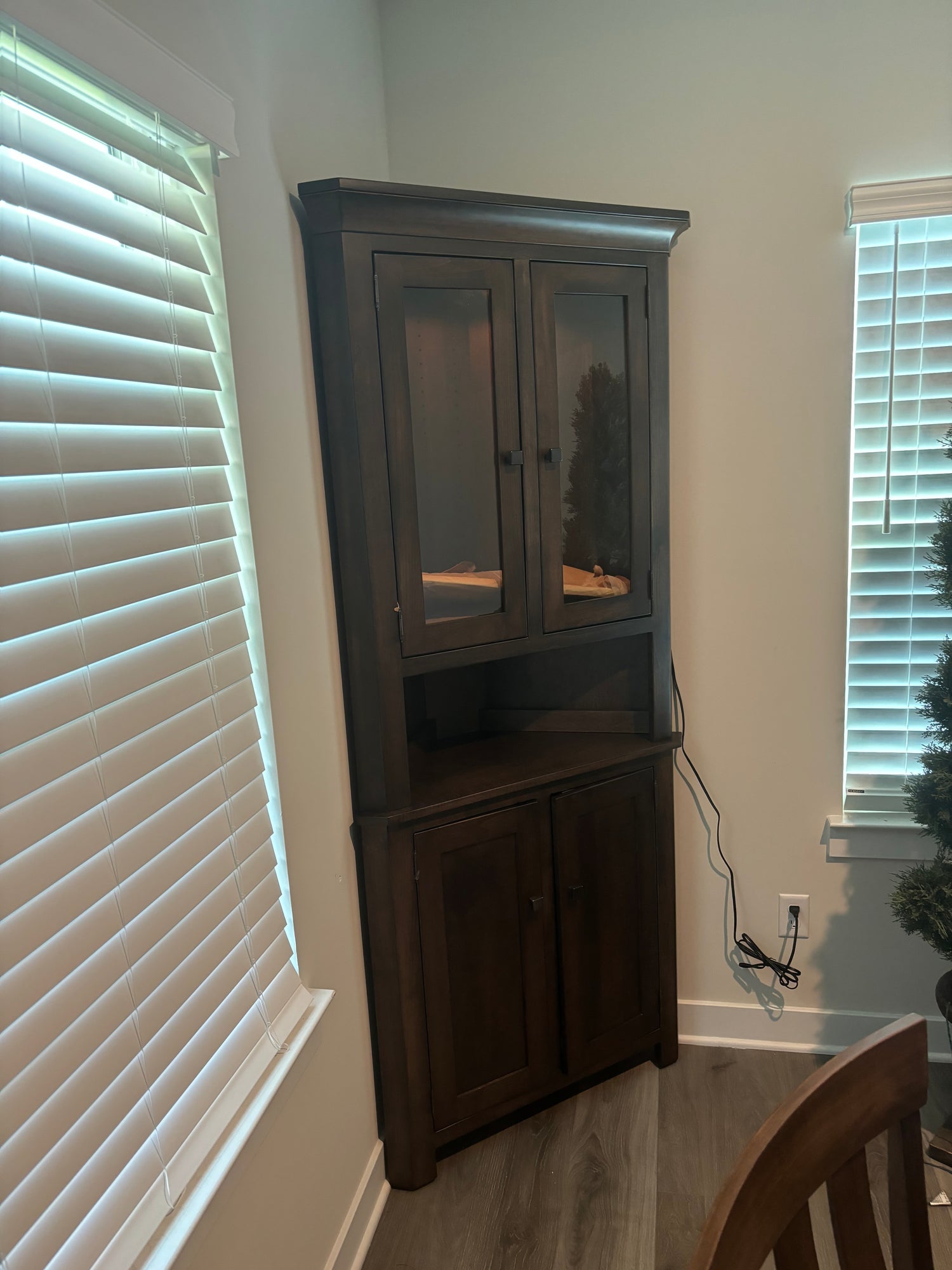 Amish Raleigh Corner Hutch with Touch Switch Lighting Brown Maple 228 Rich Tobacco Front Facing