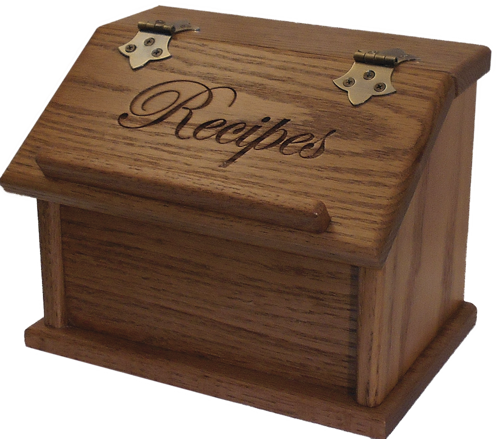 Recipe Box Amish Made Oak 102 Fruitwood Front Facing Engraved "Recipe"