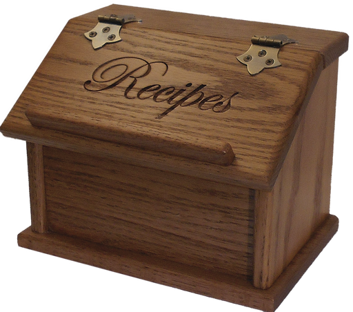 Recipe Box Amish Made Oak 102 Fruitwood Front Facing Engraved "Recipe"