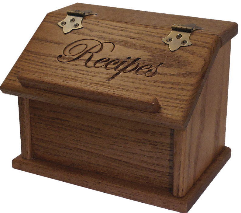 Recipe Box Amish Made Oak 102 Fruitwood Front Facing Engraved "Recipe"