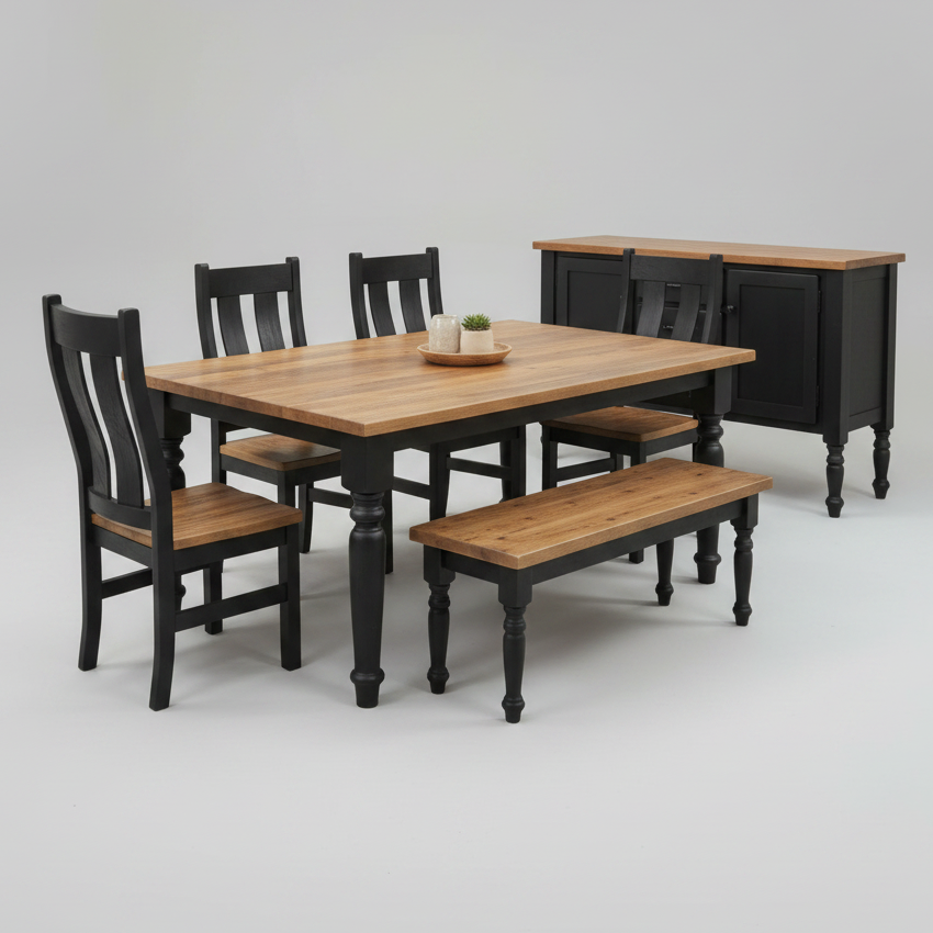 Amish Reclaimed Barnwood Belmont Dining Set - Genuine Reclaimed Barnwood - 2-Tone Black and Natural
