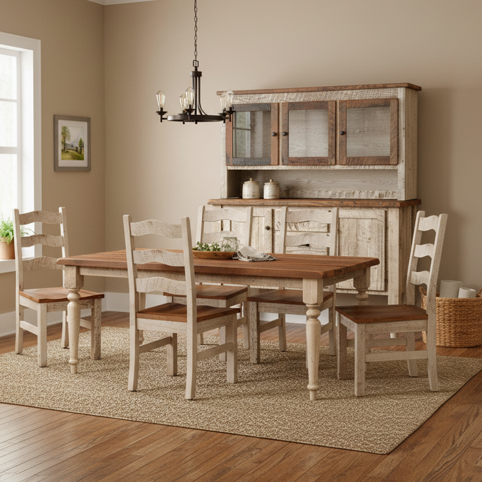 Amish Reclaimed Barnwood Belmont Farmhouse Dining Set - Belmont 3-Door Reclaimed Hutch - Room Setting - 2-Tone Farmhouse Country Painted Dining Set 