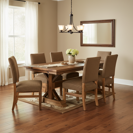 Amish Reclaimed Barnwood Country Hill Dining Set - Reclaimed Fabric Dining Chairs - Genuine Reclaimed Barnwood Dining Set Amish Made