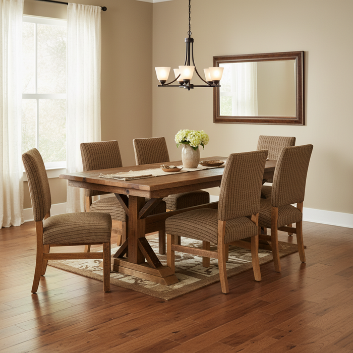 Amish Reclaimed Barnwood Country Hill Dining Set - Reclaimed Fabric Dining Chairs - Genuine Reclaimed Barnwood Dining Set Amish Made