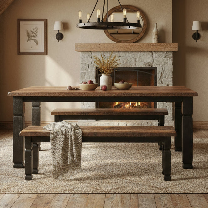 Amish Reclaimed Barnwood Estate Dining Set - Estate Leg Dining Table - Estate Bench - Genuine Reclaimed Barnwood - 2-Tone