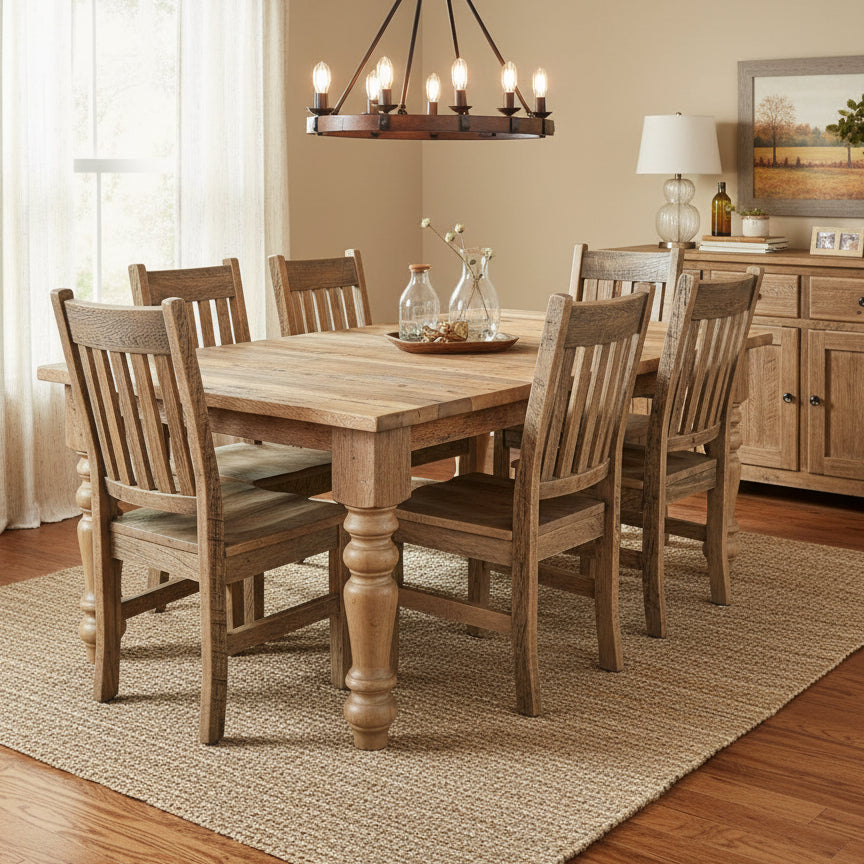 Amish Reclaimed Barnwood Farmhouse Leg Dining Set - Amish Made Genuine Reclaimed Barnwood Dining set - Farmhouse Amish Dining Set