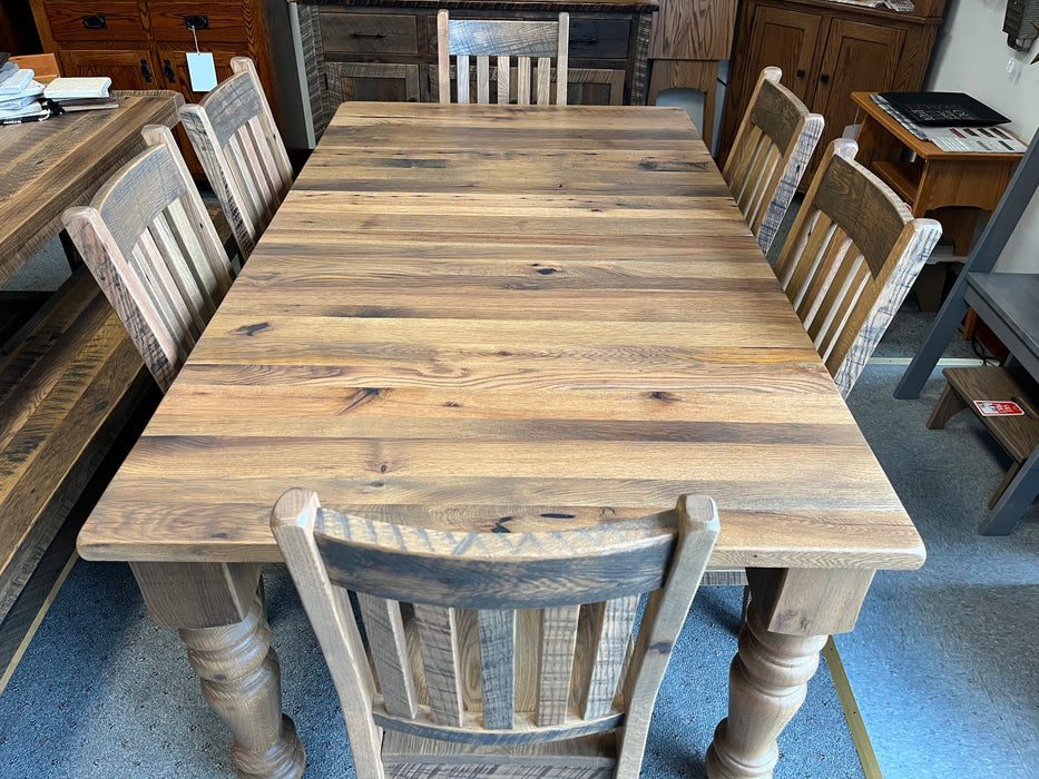 Amish Reclaimed Barnwood Harrison Table with Reclaimed Mission Dining Chair Smooth Reclaimed Barnwood with Dusty Maple Stain with Low Sheen Finish