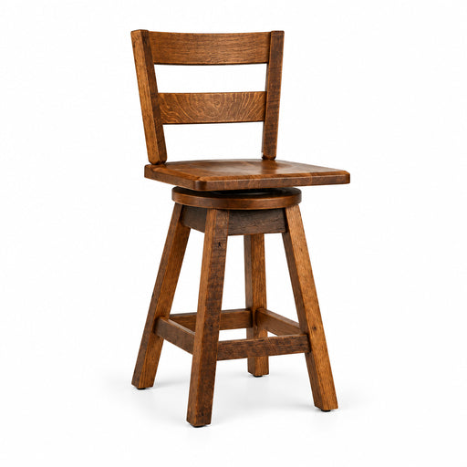 A rustic wooden swivel barstool with a ladder backrest, four legs, and a circular seat, shown on a solid white background.
