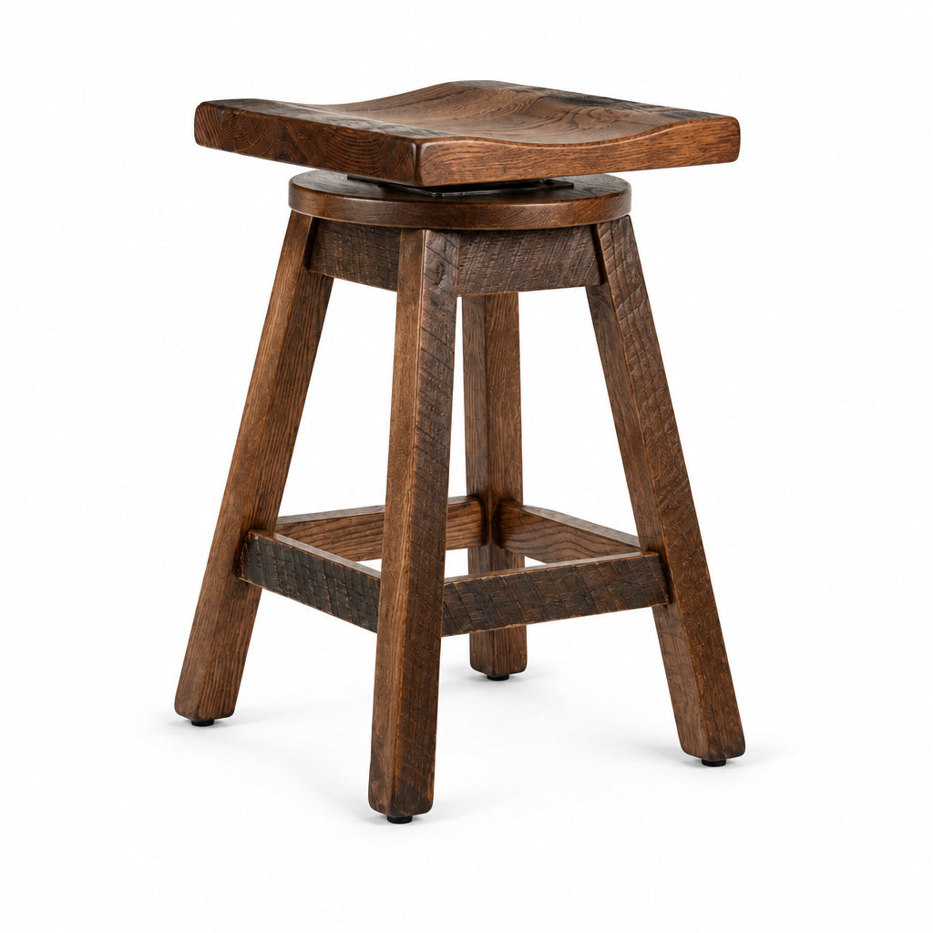 A rustic wooden bar stool with a square seat, featuring a natural live-edge top, a round swivel seat, and four angled legs with a weathered dark wood footrest, shown on a solid white background.