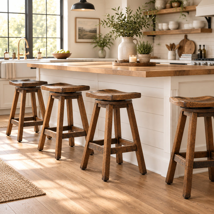 A rustic wooden swivel barstool with a dark brown finish, featuring a curved seat, a round swivel base, and a lower support stretcher bar, shown on a white background.