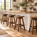 A rustic wooden swivel barstool with a dark brown finish, featuring a curved seat, a round swivel base, and a lower support stretcher bar, shown on a white background.