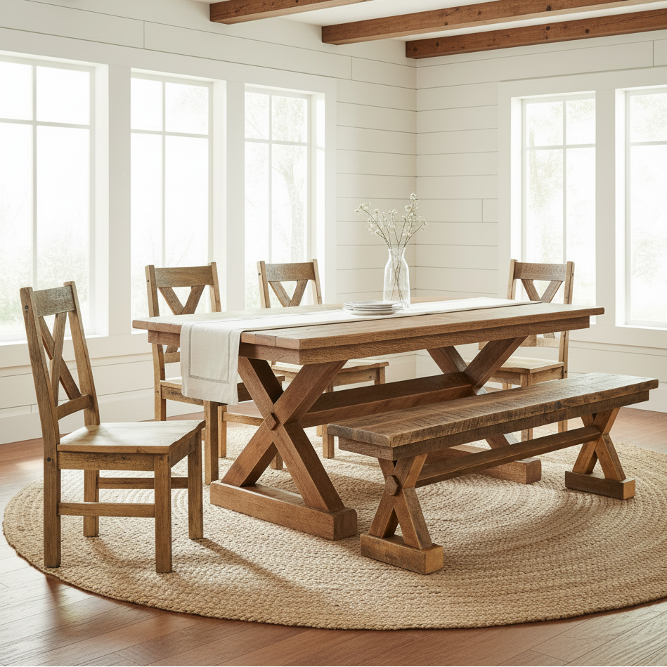 Rustic wooden dining set featuring a rectangular table with an X-brace trestle base, a matching bench, and a single chair with a cross-back design, shown on a plain white background.