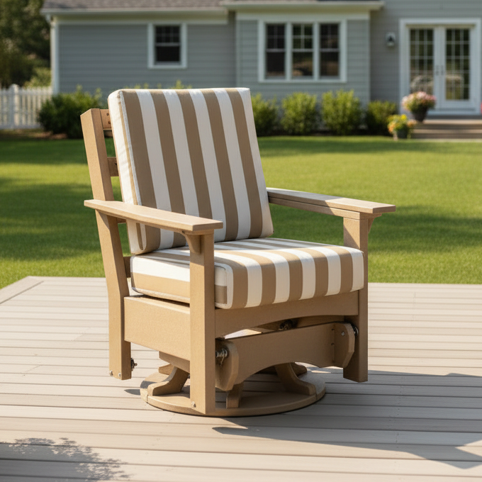 Amish Regal Swivel Glider - Weatherwood Poly - Shore Linen - Tangent Poly - Sunbrella Fabric