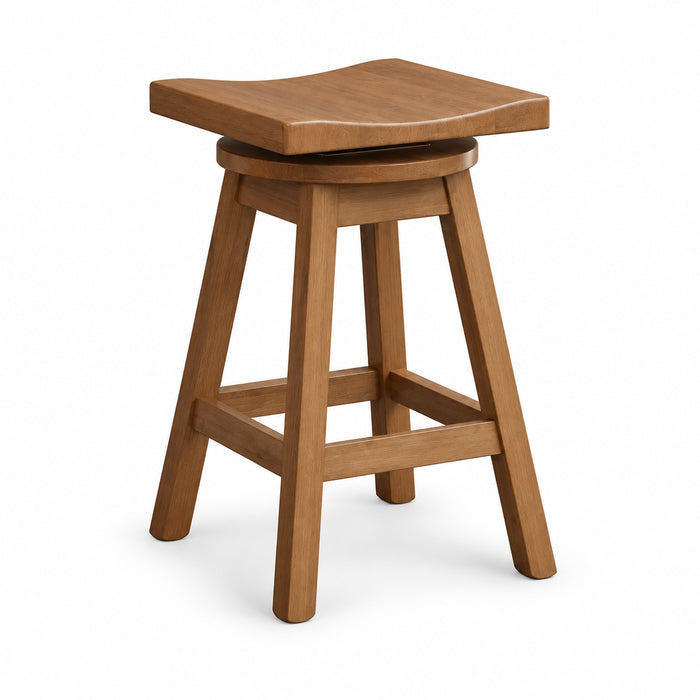 A wooden swivel bar stool with a curved seat, four legs, and a circular black seat cushion, shown on a solid white background.