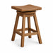 A wooden swivel bar stool with a curved seat, four legs, and a circular black seat cushion, shown on a solid white background.