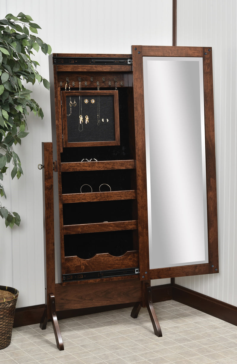 Amish Reno Jewelry Cheval Mirror
- Sliding Mirror (Slides To The Right Standard)
- Hinged Earring Door
- 11 Hook Necklace Board
- 1st Shelf: 3 Ring Slots
- 2nd Shelf: 3 Dividers
- 3rd Shelf: 4 Dividers
- Bottom Shelf: 1 Divider