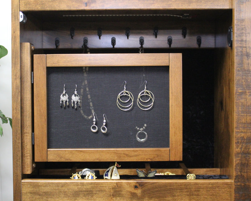 Amish Madison Jewelry Cheval Mirror
Earring Screen
- Sliding Mirror (Slides To The Right Standard)
- Hinged Earring Door
- 11 Hook Necklace Board
- 1st Shelf: 3 Ring Slots
- 2nd Shelf: 3 Dividers
- 3rd Shelf: 4 Dividers
- Bottom Shelf: 1 Divider