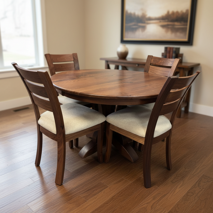 Amish Richfield Single Pedestal Dining Set In-Stock - Walnut Wood - Fabric Seat Easton Dining Chairs - Contemporary Walnut Amish Dining Set - Room Setting